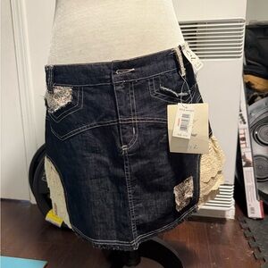 NWT Zawary Z Floral Denim Patchwork Skirt 11/12 Dark Navy Blue Cream Flower